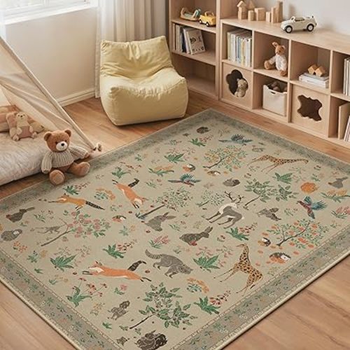 BESBLEE Washable Rugs 5x7, Soft Animal Print Ultra-Thin Low Pile Carpet, Non-Slip Stain Resistant Floral Pet Friendly Woodland Jungle Rug for Playroom Living Room Bedroom Entryway, Lighttaupe