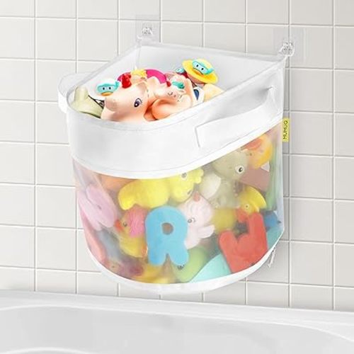 Bath Toy Storage, 4.15 Gallons Bath Toy Holder Wall-Mounted Shower Caddy Bottom Zipper Bathtub Toys Storage Mesh Organizer Bag, Quick Access Baby Shower Games Toys Organizer Accessory White (L)