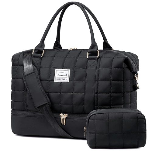 LOVEVOOK Large Duffle Bag for Travel, Puffer Weekend Bags for Women Travel Tote, Carry on Duffel Bag for Airplanes, 18 Inch Personal Item Bag Gym Bag Women, Black
