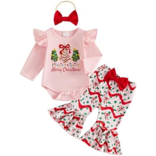 Newborn Infant Baby Girl First Christmas Outfit Romper Flare Pants Set