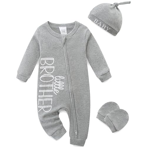 Newborn Boy Clothes Baby Coming Home Outfits 3Pcs Little Brother Outfit | One Piece Romper,3-Piece With Hat and Gloves,100% Cotton,2 Way Zipper,Letter Print,Long Sleeve