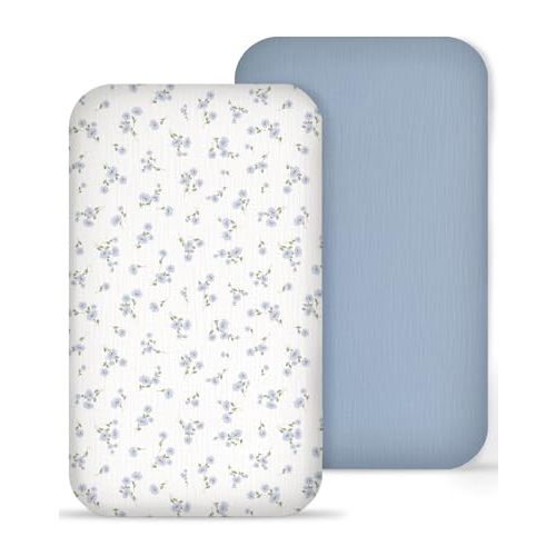Muslin Bedside Bassinet Sheets 2 Pack, 33" X 20" | For Baby Boys and Girls; Fits Rectangle Bedside Mattresses; Machine Washable; Bluebell Bloom & Light Blue.