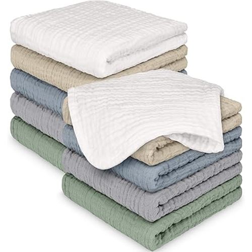 10-Pack Muslin Baby Washcloths for Newborn – 12x12 Soft Absorbent Organic Cotton Muslin Wash Cloths for Babies Girl, Boy, Infant, Toddlers, Kids Face Towel, Bath Essentials, Baby Burp Rags (Slate)