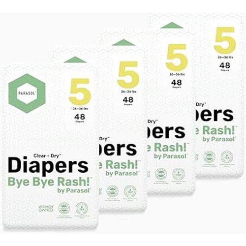 Parasol Clear+Dry Disposable Diapers, RashShield Protection and Leak-Control Fit, Hypoallergenic Diapers, Size 5 (26-36 lbs), 192 Count