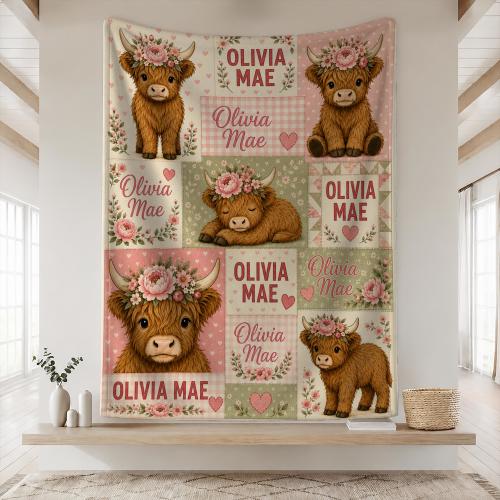 Personalized Highland Cow Flannel Blanket,Custom Name Floral Throw,Rustic Farmhouse Nursery Decor,Baby Girl Present,Western Newborn Keepsake
