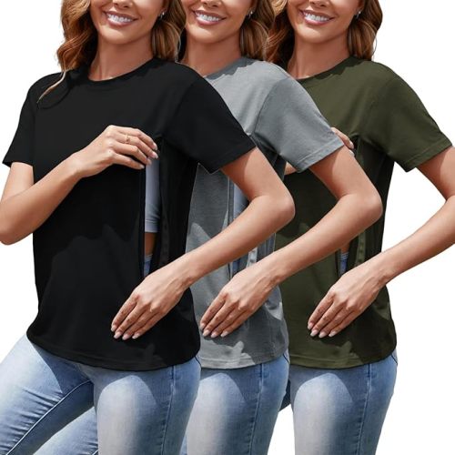 Women's Nursing Shirts for Breastfeeding with Hidden Zipper Short Sleeves 3 Pack Maternity Nursing Tops