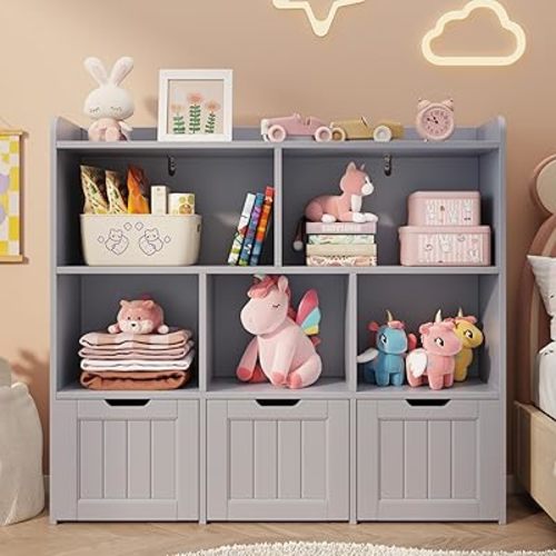 Gizoon Toy Storage Cabinet and Kids Bookcase with 3 Movable Drawers and 6 Open Shelves Featuring Fall Prevention Barrier for Playroom Nursery Kids Room Organization, Gray