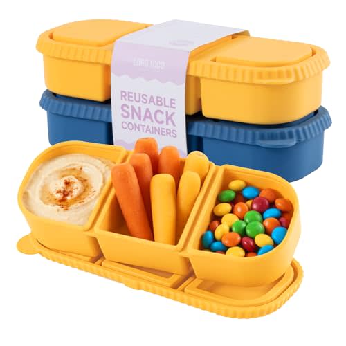 2 Pack Silicone Snack Containers, 3-Compartment Snackle Box with Leak Proof Lids, Reusable Small Divided Food Storage for Kids Lunch, School Travel Adults