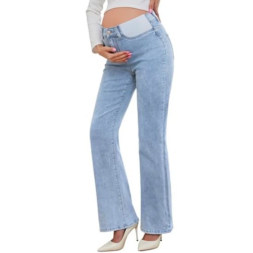 PACBREEZE Women's Maternity Flare Jeans Mid-Rise Stretchy Bell Bootcut Jeans Denim Pregnancy Pants, S-XXL