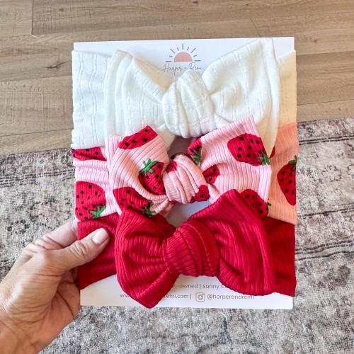 Baby Bow Bundle – Pink Strawberry Print, Red Ribbed & White Pointelle (Oversized or Top Knot Options)