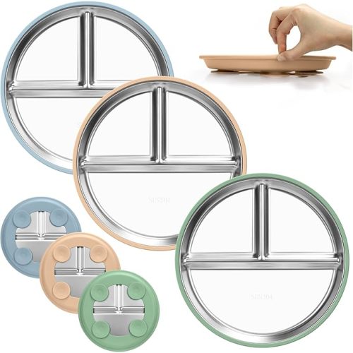 MOJINL Set of 3 Stainless Steel Baby Plates with Silicone Suction Cup, Silicone Baby Plate with Suction Cup, Non-Slip Children's Plate with Dividers, Dishwasher Safe and BPA Free Toddler Baby Feeding : Amazon.de: Baby Products