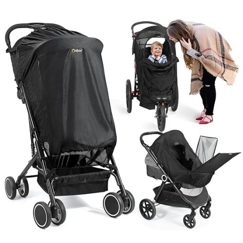 Orzbow Stroller Sun Shade, Breathable Sun Shade Cover for Stroller with Mosquito Net & Zip, Universal Baby Sun Shade with Double Opening, Easy to SInstall, Blocks 95% UV(UPF 50+), Black