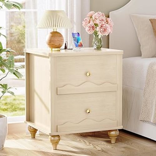 Cyclysio Nightstand with Charging Station, Side End Table with 2 Drawers, Modern Wood Night Stand with Scalloped Pattern for Bedroom, Bedside Night Tables with Solid Wood Gourd Legs