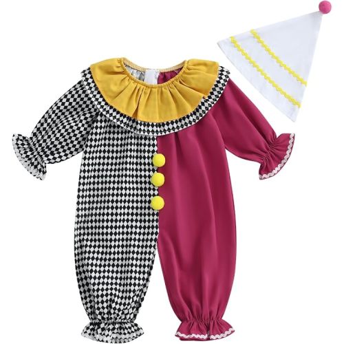 Toddler Baby Clown Costume Boy Girl Funny Halloween Outfit Contrast Color Long Sleeve Jumpsuit with Hat