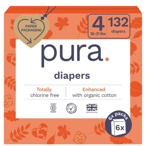 Pura Sensitive Skin Baby Diapers | Size 4 (18-31 lbs) | Hypoallergenic, Totally Chlorine Free, Fragrance Free, Up to 12-Hour Leak Protection | 6 Packs of 22 (132 Diapers)
