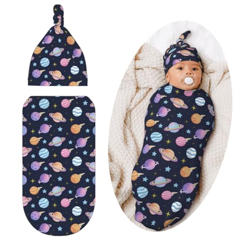 Space Swaddle Blanket with Hat for Baby, Swaddling Space Planet Theme Baby Stuff