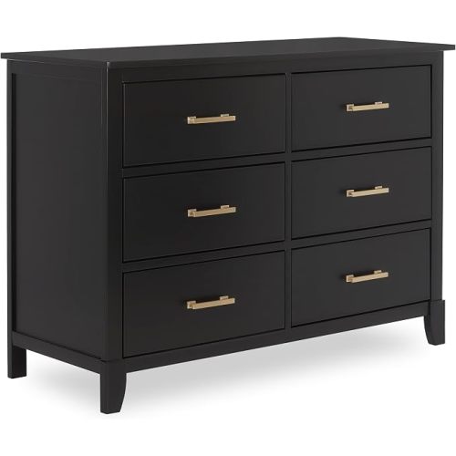 Dream On Me Cleo 6 Drawer Double Dresser for Nursery, Black/Gold