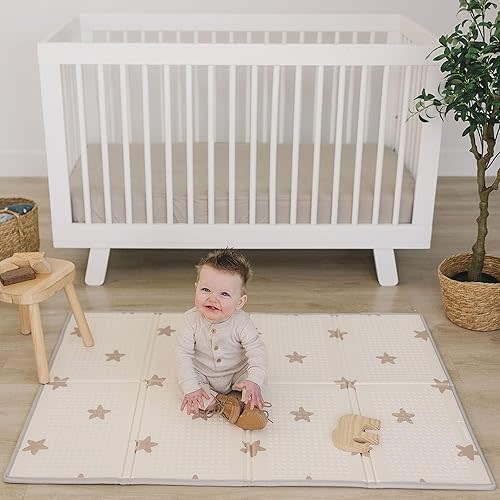 Bubba Bear Baby Play Mat, Thick Foam with Pattern Design, Foldable Waterproof Padded Crawling Mat for Babies (Beige Stars, 47 x 35 Inches)