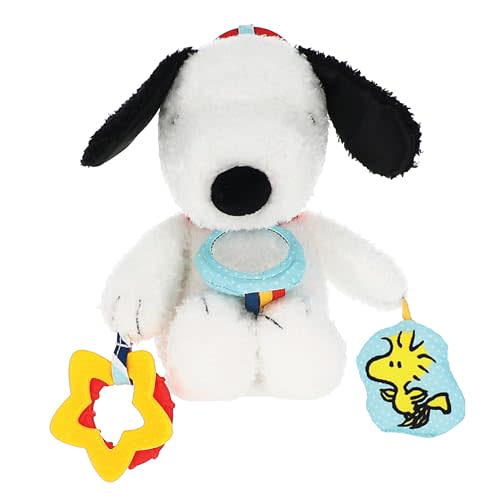 Kids Preferred Peanuts Snoopy Activity Toy - Jingle, Mirror, Teethers, Crinkle, Ribbons, Crinkle, Satin Accents, Soft Plush, On-The-Go Clip, 12 in