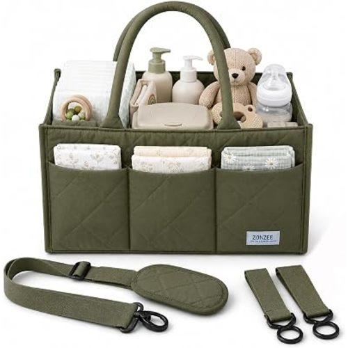 Diaper Caddy Organizer with Shoulder Strap & Stroller Hooks – Portable Baby Storage Basket with Compartments, Quilted Nursery Organizer for Newborn Essentials, Car & Travel Tote (Olive green)