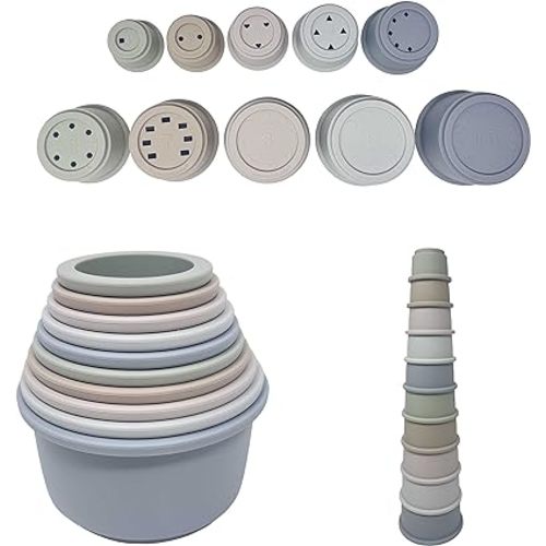 Silicone Educational Stacking Cups (10 Pieces) | Baby Sorting and Counting | Bath Toys | Early Motor Development | Best Montessori Toy Gift for 6 Month+ Boys & Girls