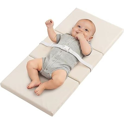 YACODAVO Foldable Baby Changing Pad with Vegan Leather Cover, Standard Side Waterproof & Wipeable Changing Pad for Toddler, Flat Foam Travel Diaper Changing Pad for Dresser and Table, White