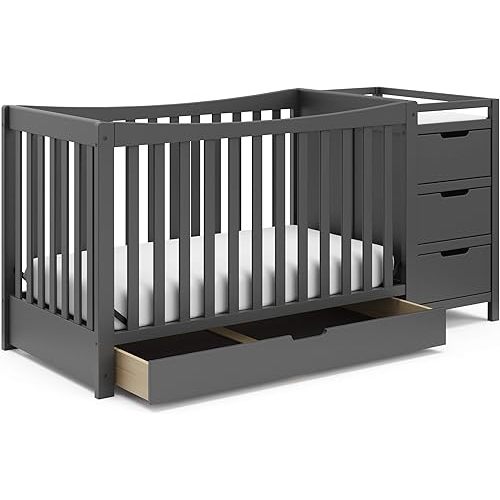 Graco Remi 4-in-1 Convertible Crib & Changer with Drawer (Gray) – GREENGUARD Gold Certified, Crib and Changing -Table Combo, Includes Changing Pad, Converts to Toddler Bed, Daybed and Full-Size Bed