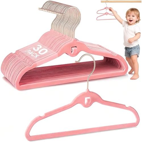 Baby Velvet Hangers 30 Pack, 11 Inches Pink Kids Clothes Hangers for Closet, Non Slip Toddler Infant Hanger for Nursery, Thin Space Saving Stackable Children Felt Hanger with 360° Swivel Hooks