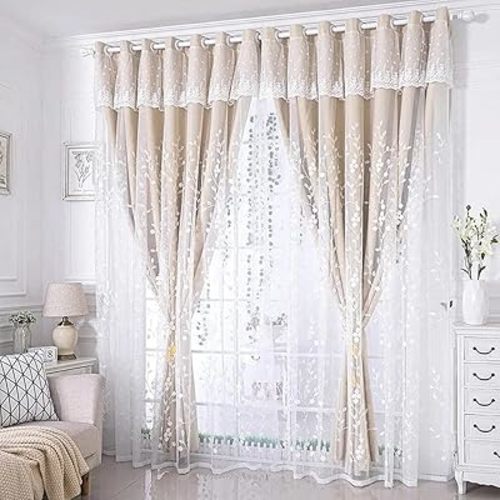 Amidoudou 1 Pair Double Layer Flower Curtains for Girls Room Living Room Pastoral Flowers and Leaf Embroidered Curtains for Bedroom (Beige,54x84 Inch)