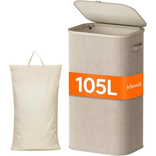 Lifewit 105L Laundry Basket with Lid, Large Laundry Hamper with Plastic Handles and Removable Bag, Foldable Tall Dirty Clothes Hampers for Laundry for Laundry Room, Bedroom, Bathroom, Dorm, Beige