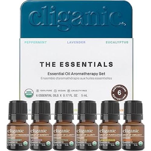 Cliganic Organic Aromatherapy Essential Oils Set (Top 6 - The Essentials), 100% Pure Natural - Peppermint, Lavender, Eucalyptus, Tea Tree, Lemongrass & Orange (Packaging May Vary)