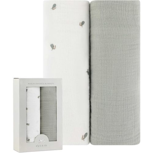 Ely's & Co. Muslin Swaddle Blanket 2-Pack — 100% Cotton Muslin Extra-Large Swaddle Blankets (47” x 47”) Solid + Printed (Sage Pear)