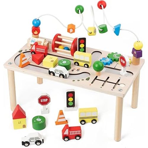Activity Table for 1+ Year Old, Montessori Wooden Toys for Toddlers 1-3, 8 in 1 Baby Activity Table, Educational Sensory Bead Maze Toys for Babies, Learning Shape Sorter, Birthday Gifts Girls Boys