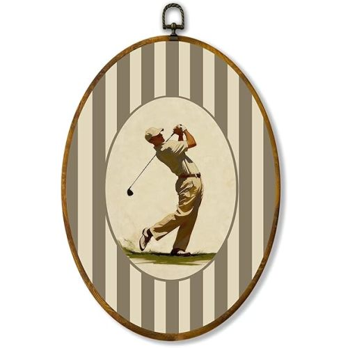 Rustic Vintage Mid-Century Striped Golf Player Swing Oil Painting Pattern Oval Wall Hanging, Retro Classic Sports Athlete Wall Decorations for All Style Bedroom Living Room Office Man Cave Golf Club Study, 8.5x11.5 Inch