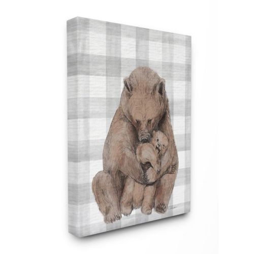 Bear and Cub Farmer Plaid Canvas Wall Art for Nursery (16 x 20)