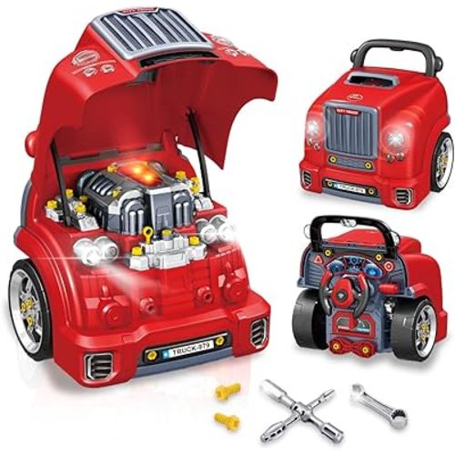 Playbees Red Truck Engine Repair Toy – Kids Mechanic Repair Set with Tools, Lights & Sounds – Interactive Take-Apart Engine Builder Truck, Great