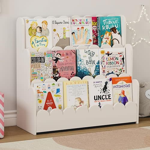 3-Tier Kids Bookshelf, Scalloped Montessori Bookshelf for Toddler and Baby, Small Childrens Bookcase, Solid Wood Book Shelf for Kids Room, Nursey, Playroom and Classroom, White