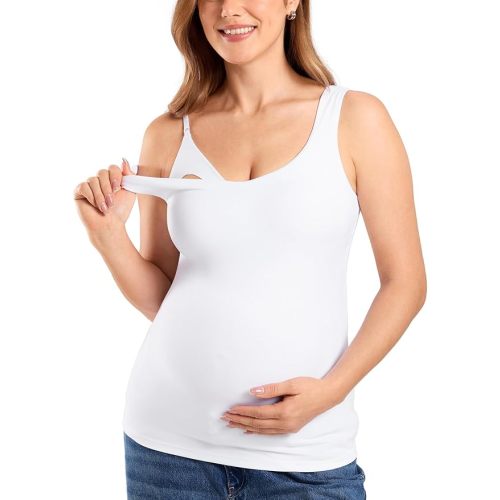 MOMANDA Maternity Nursing Tank Tops with Built in Bra Sleeveless Casual Pregnancy Tee V Neck Workout Shirt