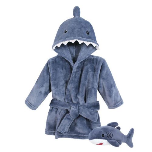 Hudson Baby Plush Bathrobe and Toy Set, Blue Shark, One Size