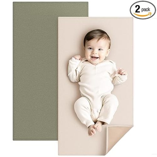 Konssy Faux Leather Baby Changing Mat, Waterproof, Wipeable & Portable Diaper Changing Pad for Travel or Home, Fits Perfectly in Diaper Bag, 30 x 17 inches (Fog Green,Beige)