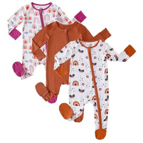 OPAWO Bamboo Sleepers for Baby Girl Pajamas Newborn Footie Pajamas 3 Pack | 2 way zipper sleepers, baby long sleeve onesies with mitten cuffs, anti-slip grips, gentle on skin, ultra soft and breathable