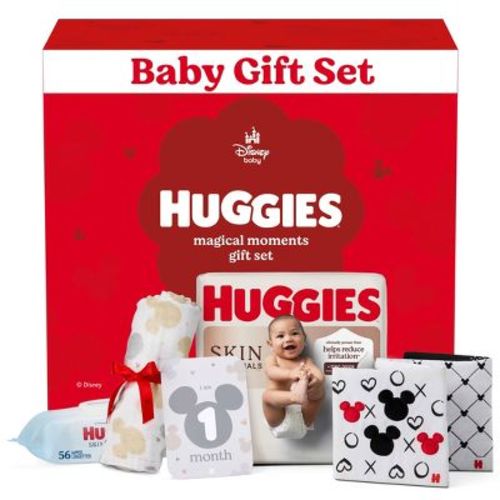 Huggies Disney Magic Baby Gift Set: Size 1 Diapers, Baby Wipes, Tummy Time Book, Milestone Markers & Mickey Mouse Muslin Cloth - 5ct