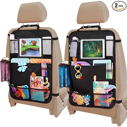 Car Seat Organizer, Backseat Car Organizer with Touchable Tablet Holder, 12 Storage Pockets, 2 Hooks, Earphone Hole Design, 2 Backup Bags, Kick Mats Car Organizer Back Seat (2 Pack) - 2 pack