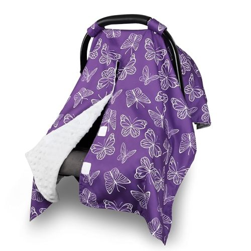 Baby Car Seat Cover for Boys Girls, Winter Infant Carseat Cover for Babies, Peekaboo Opening Nursing Cover Carseat Canopy, Warm Carrier Cover for Newborn, Purple Flower