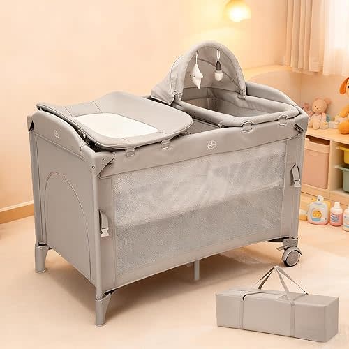 5 in 1 Pack and Play Bedside Sleeper with Bassinet, Diaper Changer & Hanging Toy, Portable Crib Nursery Center for Newborns to Toddlers, Grey