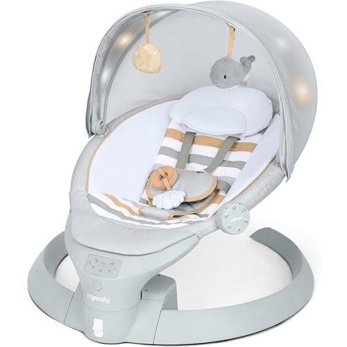 Ingenuity InLighten Baby Swing, 3-in-1 Bounce, Sway & Stationary Seat, Bluetooth Music, Light-Up Canopy, Remote Control, Vibrations, 5-Point Harness, Pebble Shore