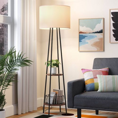 Floor lamp with Shelves - Room Essentials™: Black Metal, Linen Shade, ETL Listed, 62" Height