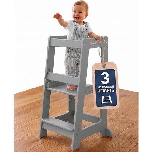 Toddler Tower 3-Level Adjustable Wooden Toddler Step Stool Gray