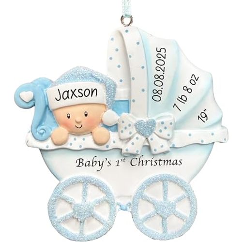 Personalized Baby's First Christmas Ornament 2026 | Baby Boy Carriage Xmas Tree Decoration Blue Stroller | My 1st Xmas Keepsake for New Baby Newborn Grandbaby - Custom Name & Year