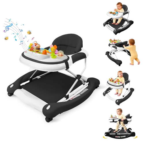 5 in 1 Baby Walker (Walk,Jumper,Rocking,Push,Eating Mode) for Boys Girls,Foldable,Music & Light,Height Adjustable,Wheels for Infant Babies,Black